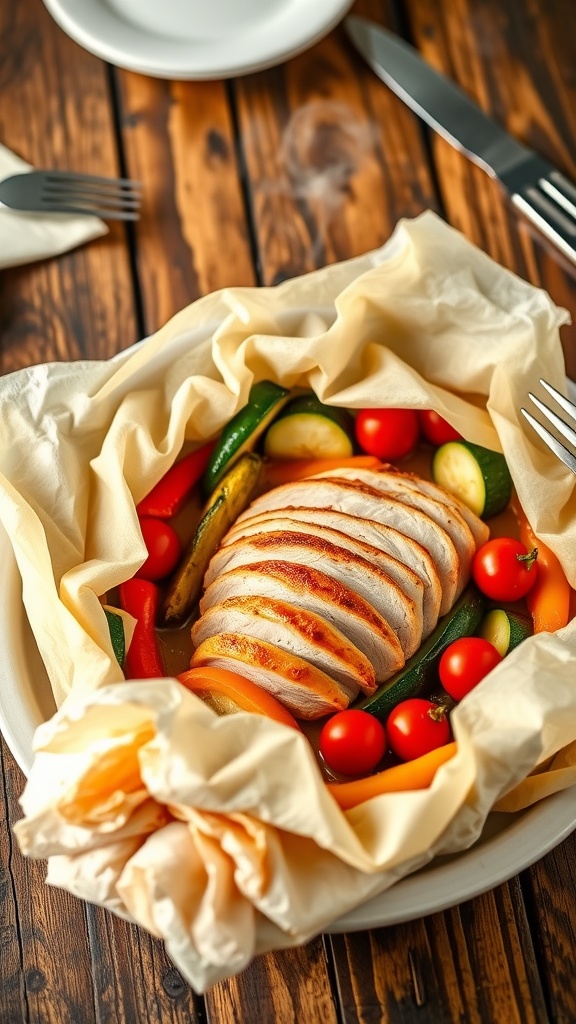 Flavorful Turkey En Papillote Recipe Turkey En Papillote with vegetables in parchment, presented on a rustic table, ready to serve.